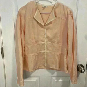 J JILL 100% Linen Jacket Blouse Size 12 Peach Cream Trim Long Sleeve Button Up